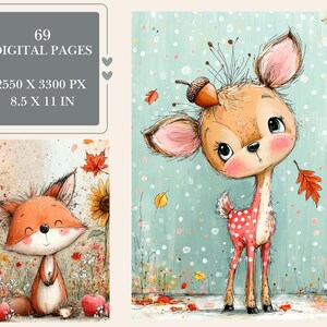 May include: A digital collection of 69 pages, 2550 x 3300 px, 8.5 x 11 in. One illustration features a smiling fox among sunflowers and apples. Another shows a fawn with an acorn on its head, standing amidst falling autumn leaves.