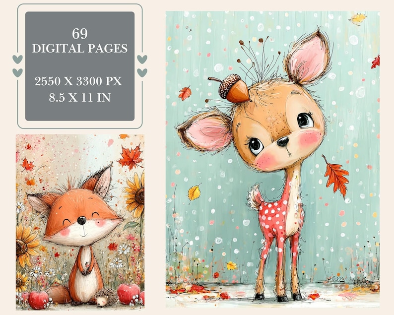 May include: A digital collection of 69 pages, 2550 x 3300 px, 8.5 x 11 in. One illustration features a smiling fox among sunflowers and apples. Another shows a fawn with an acorn on its head, standing amidst falling autumn leaves.