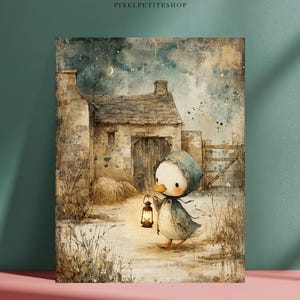 May include: Watercolor print of a duckling in a blue hooded cloak, holding a lantern, walking past a stone building. The artwork has a vintage, storybook aesthetic with a night sky background and a crescent moon.