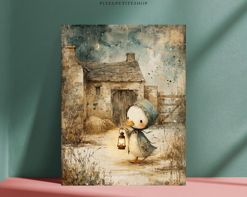 May include: Watercolor print of a duckling in a blue hooded cloak, holding a lantern, walking past a stone building. The artwork has a vintage, storybook aesthetic with a night sky background and a crescent moon.