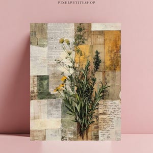May include: An artistic print featuring a collage of textured paper and botanical elements. The artwork showcases a bouquet of green foliage and yellow flowers against a backdrop of aged paper fragments with handwritten text. The color palette includes muted tones of beige, green, and yellow.
