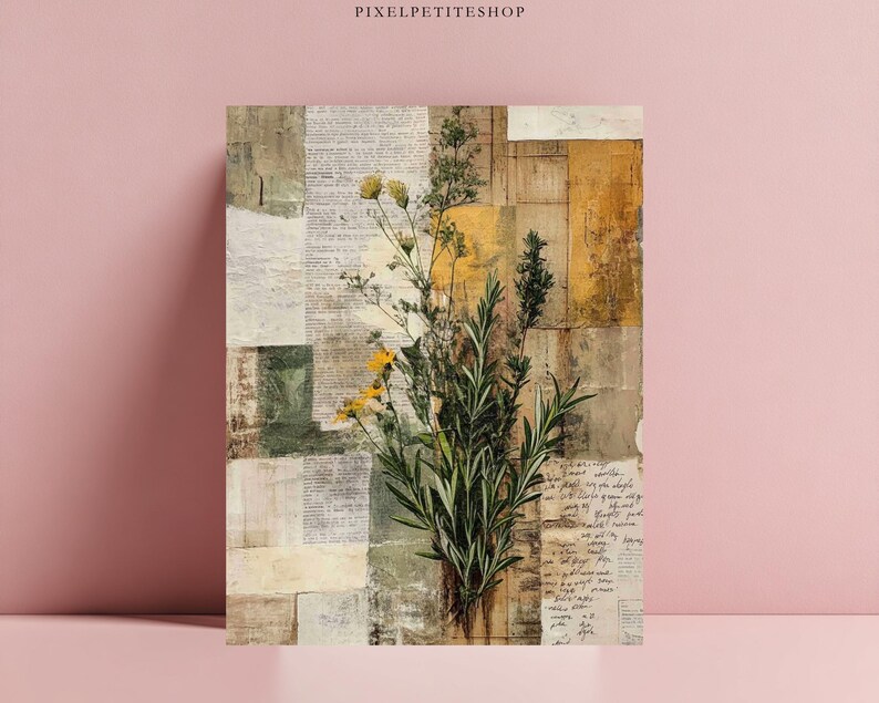 May include: An artistic print featuring a collage of textured paper and botanical elements. The artwork showcases a bouquet of green foliage and yellow flowers against a backdrop of aged paper fragments with handwritten text. The color palette includes muted tones of beige, green, and yellow.