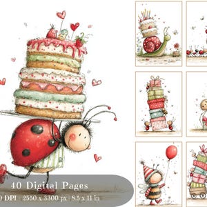 May include: A whimsical illustration features a ladybug carrying a multi-layered cake. The cake is topped with strawberries and hearts. The image includes other illustrations of birthday cakes, gifts, and insects. The text "40 Digital Pages" is at the bottom.