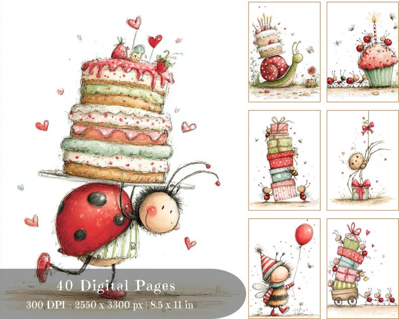 May include: A whimsical illustration features a ladybug carrying a multi-layered cake. The cake is topped with strawberries and hearts. The image includes other illustrations of birthday cakes, gifts, and insects. The text "40 Digital Pages" is at the bottom.