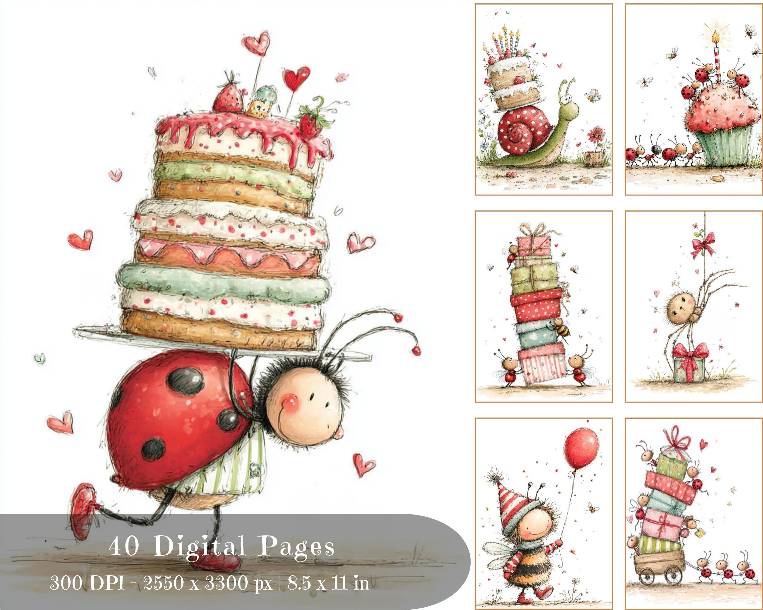 Preview of Birthday Bugs Journal Pages — 40 Printable Party Designs