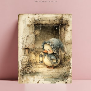 May include: Watercolor illustration of a duckling wearing a blue bonnet and holding a lantern. The duckling stands in a weathered stone doorway. The artwork has a vintage, storybook aesthetic with soft colors and textures.