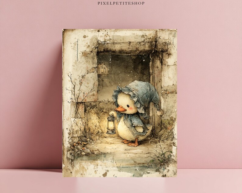 May include: Watercolor illustration of a duckling wearing a blue bonnet and holding a lantern. The duckling stands in a weathered stone doorway. The artwork has a vintage, storybook aesthetic with soft colors and textures.