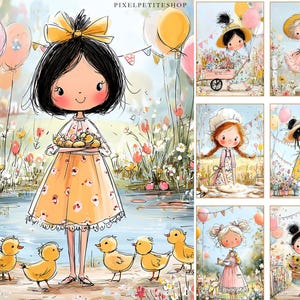 May include: A charming illustration of a girl in a yellow dress holding a tray of treats, with yellow ducklings. The scene includes balloons, flowers, and a pond. The artwork has a soft, watercolour style with a cheerful, springtime theme.