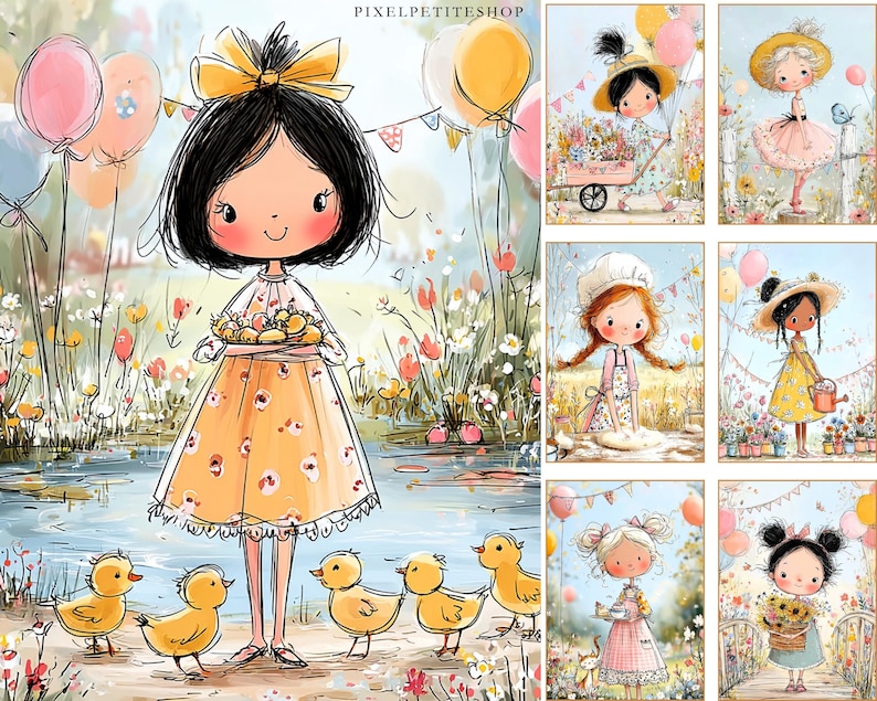 May include: A charming illustration of a girl in a yellow dress holding a tray of treats, with yellow ducklings. The scene includes balloons, flowers, and a pond. The artwork has a soft, watercolour style with a cheerful, springtime theme.