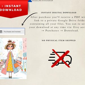 May include: A digital download listing featuring an illustration of a character wearing a straw hat, a long pink coat, and a yellow floral dress, carrying multiple shopping bags. Text includes INSTANT DOWNLOAD, NO PHYSICAL ITEM SHIPPED.