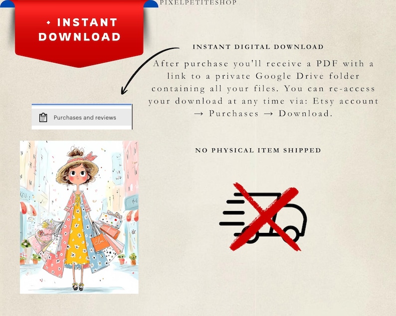May include: A digital download listing featuring an illustration of a character wearing a straw hat, a long pink coat, and a yellow floral dress, carrying multiple shopping bags. Text includes INSTANT DOWNLOAD, NO PHYSICAL ITEM SHIPPED.