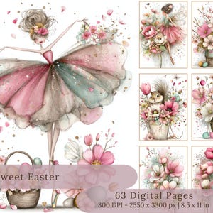 Può includere: Stampa digitale ad acquerello con una ballerina in un abito rosa e verde acqua, circondata da fiori e uova di Pasqua. L'immagine include il testo "Sweet Easter" e "63 Digital Pages". L'arte misura 21,6 x 27,9 cm.