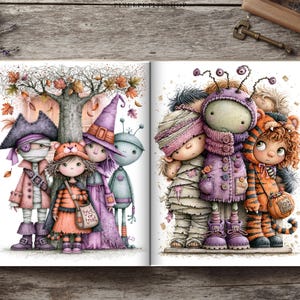 May include: An open book displaying two pages of whimsical Halloween illustrations. The left page shows a pirate, a child in a tiger costume, a witch, and an alien. The right page features a mummy, a purple creature, and a tiger-costumed child.
