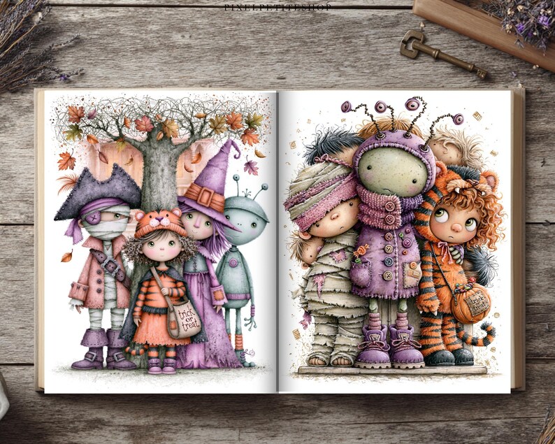 May include: An open book displaying two pages of whimsical Halloween illustrations. The left page shows a pirate, a child in a tiger costume, a witch, and an alien. The right page features a mummy, a purple creature, and a tiger-costumed child.