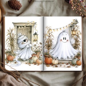 May include: An open book featuring two illustrations: a mummy character wrapped in white bandages standing by a wooden door with pumpkins, and a white ghost character with a smiling face standing by a door with string lights and pumpkins.