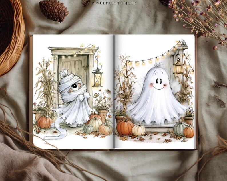 May include: An open book featuring two illustrations: a mummy character wrapped in white bandages standing by a wooden door with pumpkins, and a white ghost character with a smiling face standing by a door with string lights and pumpkins.