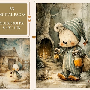 May include: Digital art print featuring a whimsical bear in striped pajamas and nightcap, carrying a lantern and a jar of glowing liquid. The image has a soft, watercolor style with a forest backdrop. The text reads "33 DIGITAL PAGES 2550 X 3300 PX 8.5 X 11 IN".