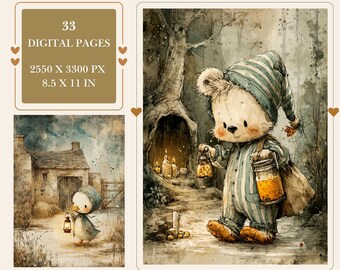 May include: Digital art print featuring a whimsical bear in striped pajamas and nightcap, carrying a lantern and a jar of glowing liquid. The image has a soft, watercolor style with a forest backdrop. The text reads "33 DIGITAL PAGES 2550 X 3300 PX 8.5 X 11 IN".