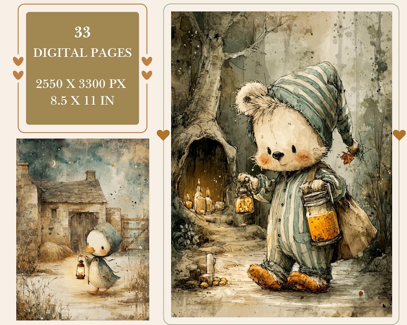 May include: Digital art print featuring a whimsical bear in striped pajamas and nightcap, carrying a lantern and a jar of glowing liquid. The image has a soft, watercolor style with a forest backdrop. The text reads "33 DIGITAL PAGES 2550 X 3300 PX 8.5 X 11 IN".