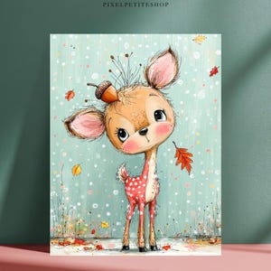 May include: A digital illustration of a fawn with large eyes and pink cheeks, wearing an acorn on its head. The fawn has a tan body with white spots and stands against a light teal background filled with falling autumn leaves and dots.