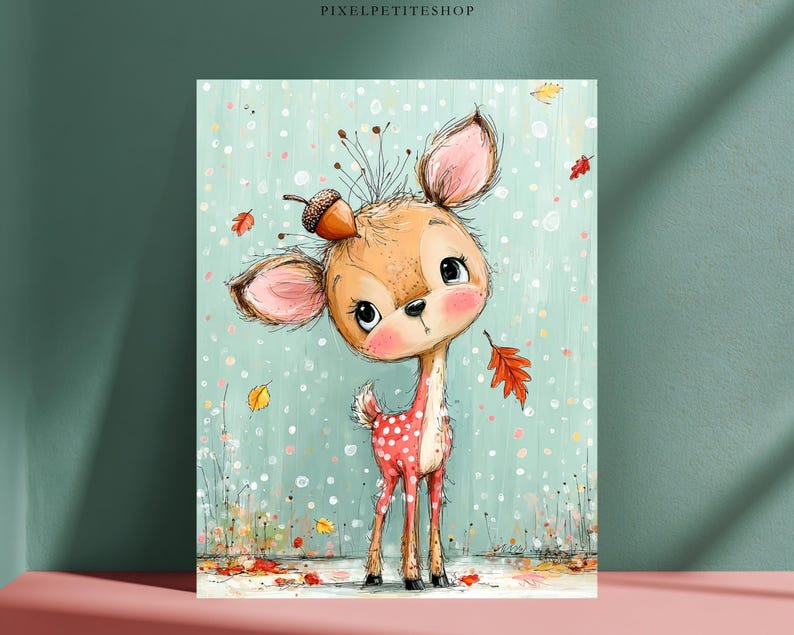 May include: A digital illustration of a fawn with large eyes and pink cheeks, wearing an acorn on its head. The fawn has a tan body with white spots and stands against a light teal background filled with falling autumn leaves and dots.