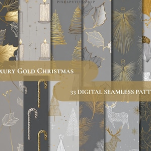 May include: A collection of digital seamless patterns with a luxury gold Christmas theme. The patterns feature gold and white illustrations of candles, angels, Christmas trees, and other holiday elements on a gray background. The text "Luxury Gold Christmas" and "33 Digital Seamless Patterns" are visible.
