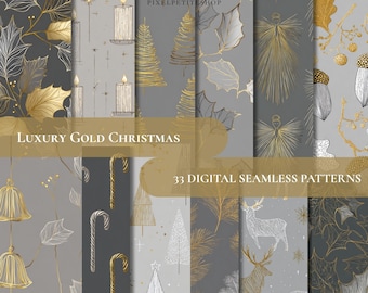 May include: A collection of digital seamless patterns with a luxury gold Christmas theme. The patterns feature gold and white illustrations of candles, angels, Christmas trees, and other holiday elements on a gray background. The text "Luxury Gold Christmas" and "33 Digital Seamless Patterns" are visible.