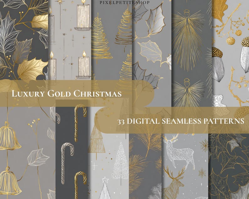 May include: A collection of digital seamless patterns with a luxury gold Christmas theme. The patterns feature gold and white illustrations of candles, angels, Christmas trees, and other holiday elements on a gray background. The text "Luxury Gold Christmas" and "33 Digital Seamless Patterns" are visible.
