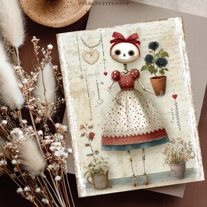 May include: A rectangular print featuring a skeletal figure with a red bow, wearing a red and white polka dot dress, holding a potted plant with dark flowers. The background includes vintage script, a heart necklace, and a key illustration.