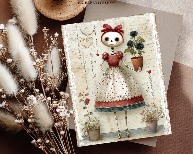 May include: A rectangular print featuring a skeletal figure with a red bow, wearing a red and white polka dot dress, holding a potted plant with dark flowers. The background includes vintage script, a heart necklace, and a key illustration.