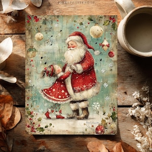 May include: A rectangular print featuring a vintage-style illustration of Santa Claus and a young child dancing together. They are surrounded by musical notes, hanging ornaments, holly, and snowflakes against a soft teal and cream background.