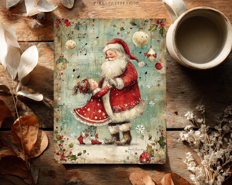 May include: A rectangular print featuring a vintage-style illustration of Santa Claus and a young child dancing together. They are surrounded by musical notes, hanging ornaments, holly, and snowflakes against a soft teal and cream background.