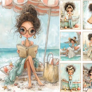 Puede incluir: Ilustraci&oacute;n en acuarela de una mujer leyendo en una playa bajo una sombrilla a rayas. La imagen presenta un bolso grande, un libro y varias estrellas de mar. Im&aacute;genes adicionales muestran ilustraciones similares de mujeres en varios entornos.