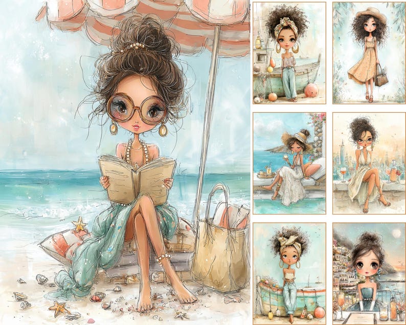 Puede incluir: Ilustraci&oacute;n en acuarela de una mujer leyendo en una playa bajo una sombrilla a rayas. La imagen presenta un bolso grande, un libro y varias estrellas de mar. Im&aacute;genes adicionales muestran ilustraciones similares de mujeres en varios entornos.