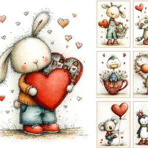May include: Watercolour illustrations of Valentine's Day themed animals. A bunny holds a heart-shaped box of chocolates and a large red heart. Other images include a giraffe, raccoon, duck, deer, koala, and penguin, all with hearts.