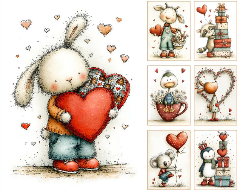 May include: Watercolour illustrations of Valentine's Day themed animals. A bunny holds a heart-shaped box of chocolates and a large red heart. Other images include a giraffe, raccoon, duck, deer, koala, and penguin, all with hearts.