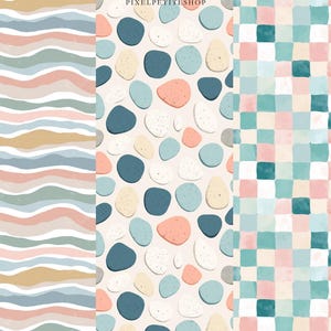Op de afbeelding: Drie digitale kunstpatronen. De eerste heeft horizontale golvende strepen in tinten blauw, roze en goud. De tweede toont abstracte vormen in blauw, roze en wit op een beige achtergrond. De derde is een geruit patroon in teal en roze.
