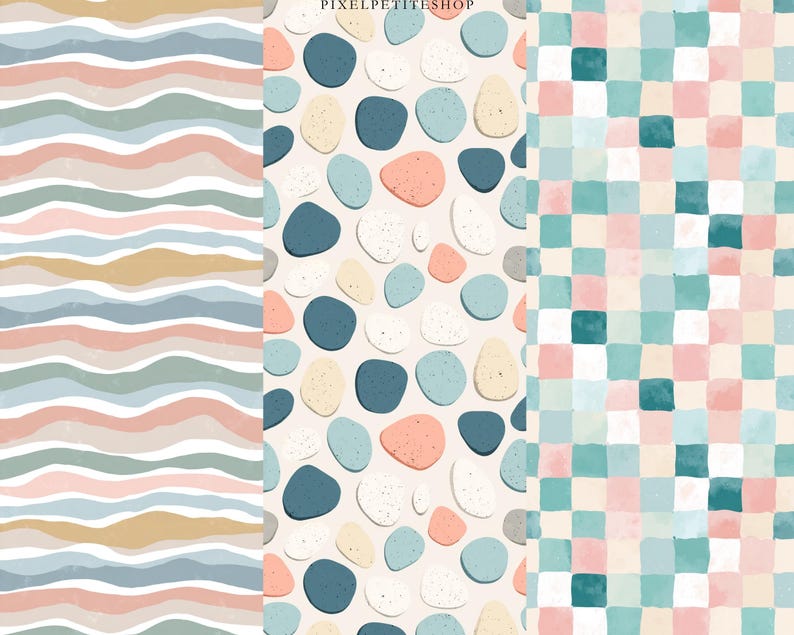 Op de afbeelding: Drie digitale kunstpatronen. De eerste heeft horizontale golvende strepen in tinten blauw, roze en goud. De tweede toont abstracte vormen in blauw, roze en wit op een beige achtergrond. De derde is een geruit patroon in teal en roze.