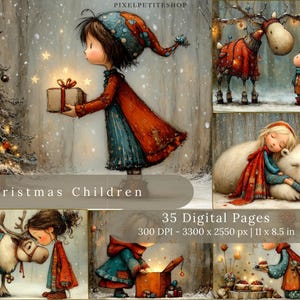 May include: Digital art print with Christmas illustrations. The images depict children, reindeer, polar bears, and a Christmas tree. The text "Christmas Children" and "35 Digital Pages" are visible. The print dimensions are 27.94 cm x 21.59 cm.