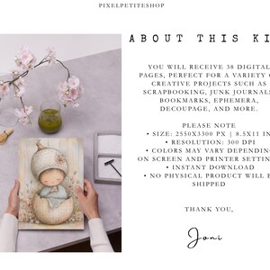 May include: A digital art print featuring a whimsical illustration of a small character wearing a large, polka-dotted hat and sitting inside a cracked eggshell. The artwork includes soft pastel tones and delicate floral accents. Text on the image reads: PIXELPETITESHOP, ABOUT THIS KIT, YOU WILL RECEIVE 38 DIGITAL PAGES, SIZE: 2550X3300 PX | 8.5X11 IN, RESOLUTION: 300 DPI, COLORS MAY VARY, INSTANT DOWNLOAD, NO PHYSICAL PRODUCT WILL BE SHIPPED, THANK YOU, Joni.