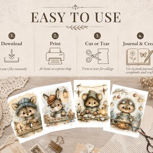May include: A digital instruction guide titled EASY TO USE with four steps: Download, Print, Cut or Tear, and Journal & Create. Below are four watercolor-style illustrations of anthropomorphic animals including a fox, donkey, mouse, and hedgehog.