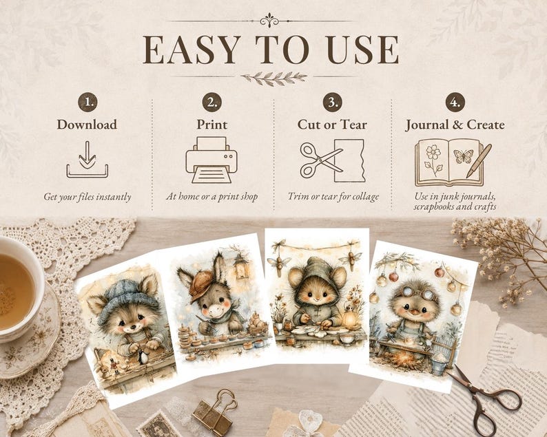 May include: A digital instruction guide titled EASY TO USE with four steps: Download, Print, Cut or Tear, and Journal & Create. Below are four watercolor-style illustrations of anthropomorphic animals including a fox, donkey, mouse, and hedgehog.