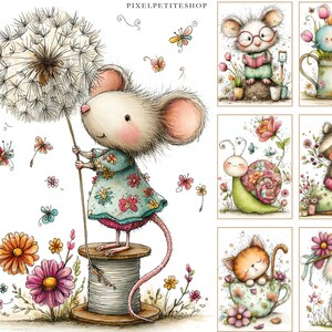May include: Watercolor illustrations of adorable animals, including a mouse holding a dandelion, a mouse reading, a bird in a watering can, a snail, a raccoon, a cat in a teacup, and a dog. The images feature flowers and butterflies.