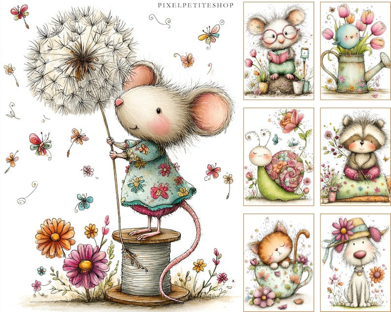 May include: Watercolor illustrations of adorable animals, including a mouse holding a dandelion, a mouse reading, a bird in a watering can, a snail, a raccoon, a cat in a teacup, and a dog. The images feature flowers and butterflies.
