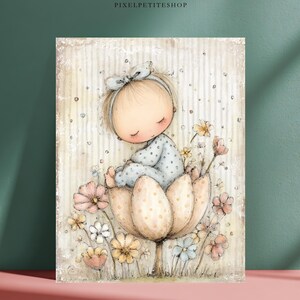 May include: A rectangular wall art print featuring a digital illustration of a baby with closed eyes wearing a light blue polka dot sleeper and a matching headband, sitting inside a large beige flower surrounded by various small colorful flowers.