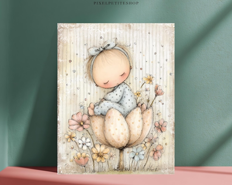 May include: A rectangular wall art print featuring a digital illustration of a baby with closed eyes wearing a light blue polka dot sleeper and a matching headband, sitting inside a large beige flower surrounded by various small colorful flowers.