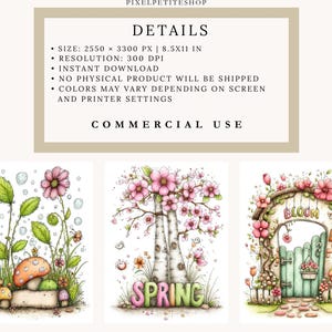 May include: Digital art prints featuring whimsical spring scenes. The images include a mushroom, flowers, and the word "SPRING". The prints are available for instant download and commercial use.