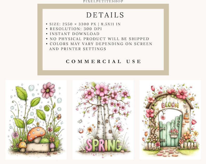 May include: Digital art prints featuring whimsical spring scenes. The images include a mushroom, flowers, and the word "SPRING". The prints are available for instant download and commercial use.