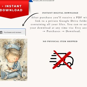 Puede incluir: Ilustraci&oacute;n de una enfermera de dibujos animados escribiendo en un cuaderno, rodeada de &uacute;tiles de arte. Incluye el texto &laquo;DESCARGA INSTANT&Aacute;NEA&raquo; y &laquo;DESCARGA DIGITAL INSTANT&Aacute;NEA&raquo;. Una pancarta roja con texto blanco en la parte superior. Descarga digital.