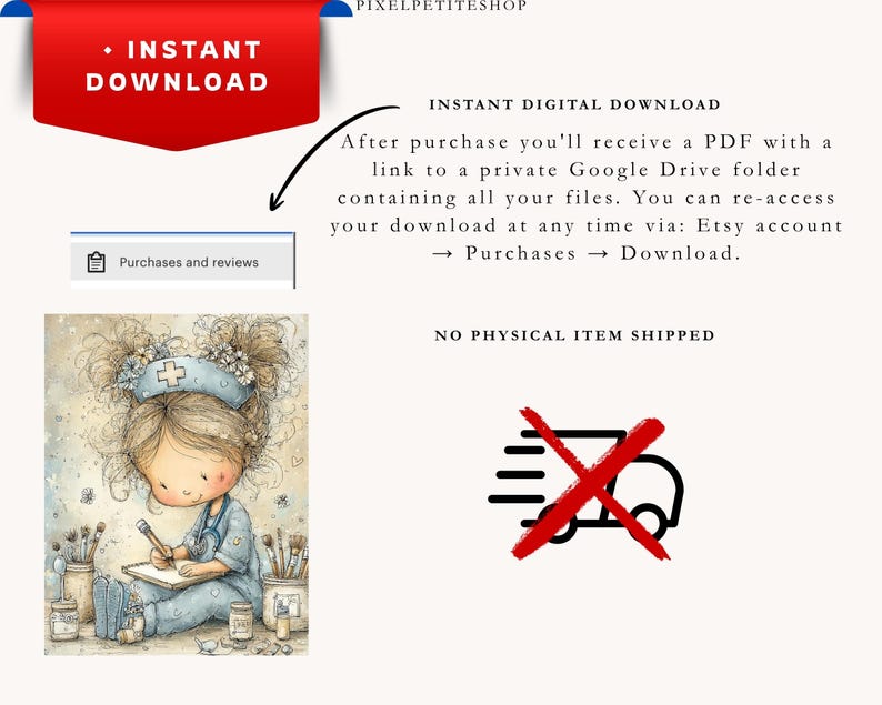 Puede incluir: Ilustraci&oacute;n de una enfermera de dibujos animados escribiendo en un cuaderno, rodeada de &uacute;tiles de arte. Incluye el texto &laquo;DESCARGA INSTANT&Aacute;NEA&raquo; y &laquo;DESCARGA DIGITAL INSTANT&Aacute;NEA&raquo;. Una pancarta roja con texto blanco en la parte superior. Descarga digital.